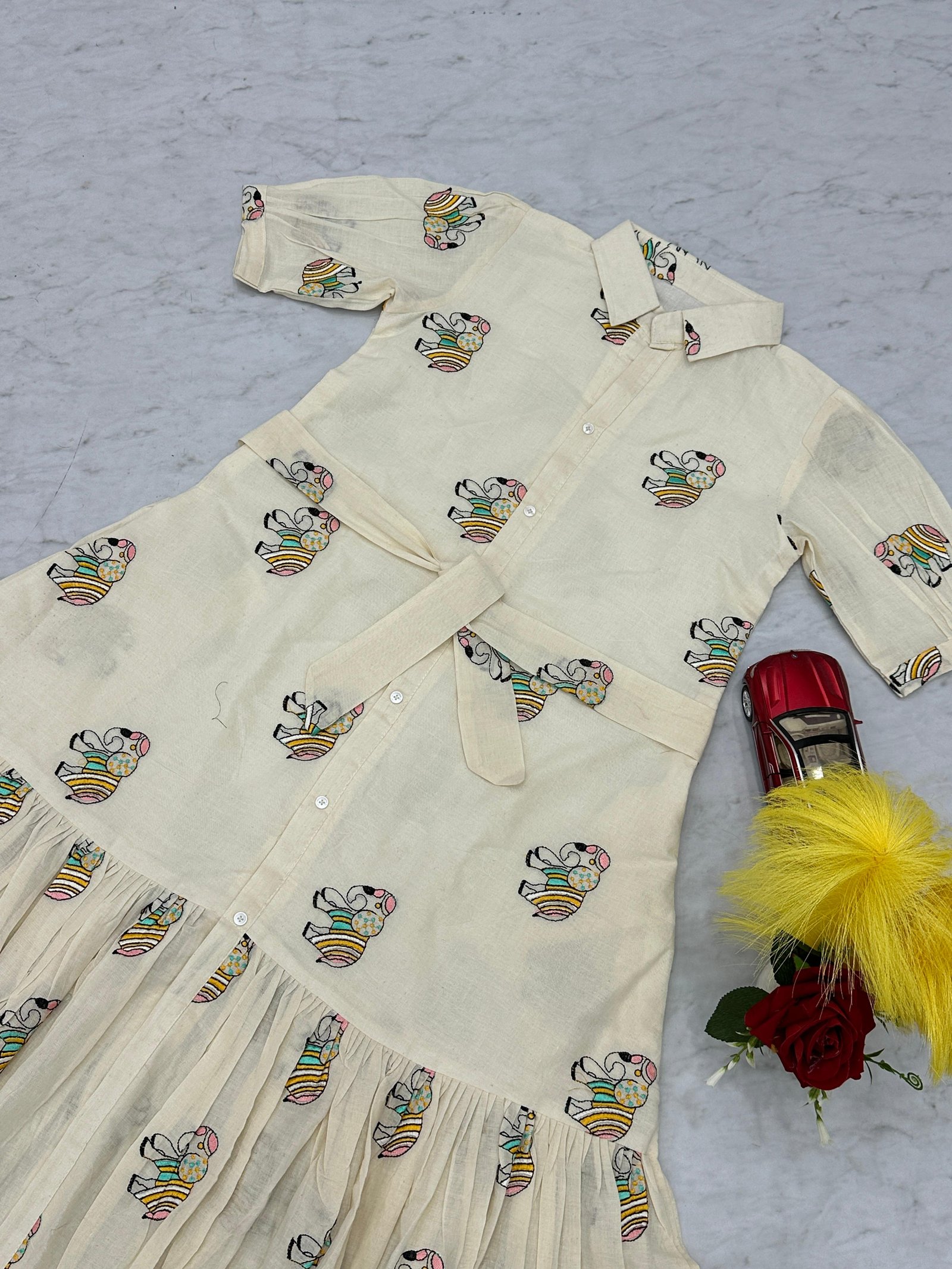 Cream Cotton Dress with Colorful Elephant Print – Casual & Boho Chic Style